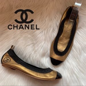 Auth.CHANEL Sporit CC Logo Patent Cap Toe Flats